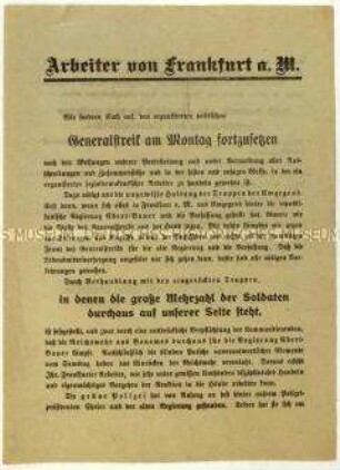 Aufruf der Frankfurter SPD zur Weiterführung des Generalstreiks gegen den Lüttwitz-Kapp-Putsch