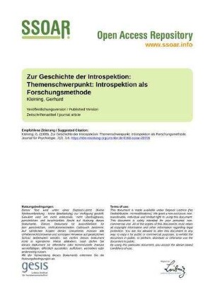 Zur Geschichte der Introspektion: Themenschwerpunkt: Introspektion als Forschungsmethode