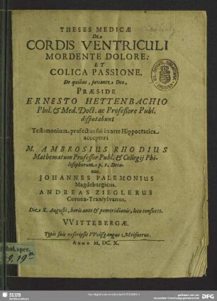 Theses medicae de cordis ventriculi mordente dolore et colica passione