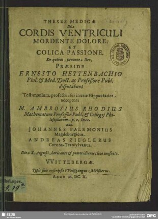 Theses medicae de cordis ventriculi mordente dolore et colica passione