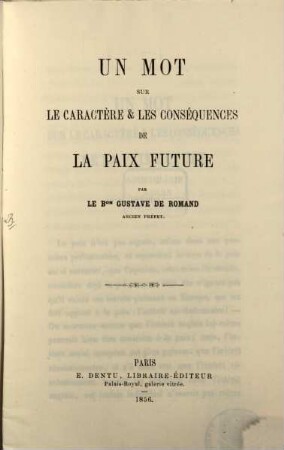 Un mot sur le caractère et les conséquences de la paix future