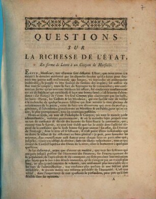 Questions sur la richesse de l'état : en forme de lettre à un citoyen de Marseille