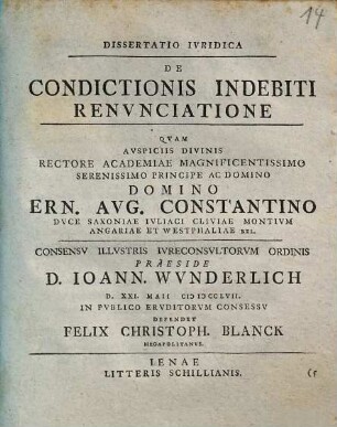 Dissertatio Ivridica De Condictionis Indebiti Renvnciatione
