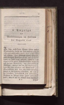 I. Anzeige der Veränderungen im Institute seit Michaelis 1796.