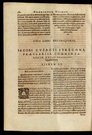 Iacobi Cuiacii ... Commentarius In Aemylii Papiniani Quaestionum Librum XV.