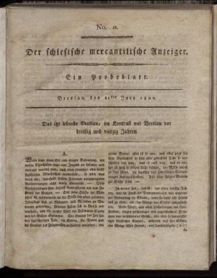 No. 0. Ein Probeblatt. Breslau, den 21. Juuy 1800.