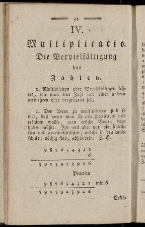 IV. Multiplicatio. Die Vervielfältigung der Zahlen