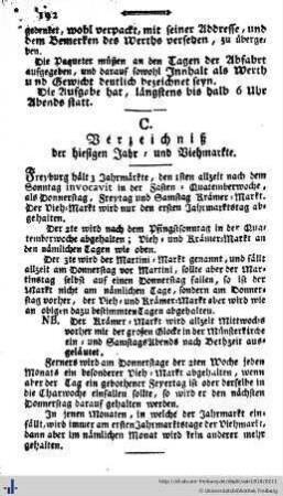 Verzeichniß der hiesigen Jahr- und Viehmärkte