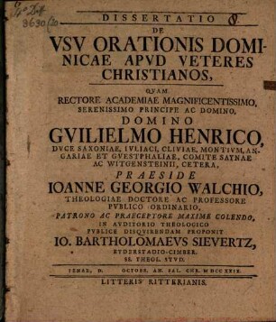 Dissertatio de usu orationis dominicae apud veteres Christianos