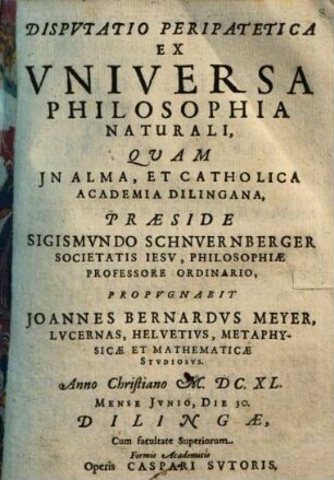 Dispvtatio Peripatetica Ex Vniversa Philosophia Naturali