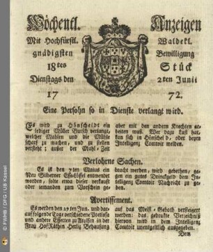 18tes Stueck, Dienstags den 2ten Junii 1772