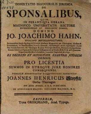Dissertatio Inauguralis Iuridica De Sponsalibus