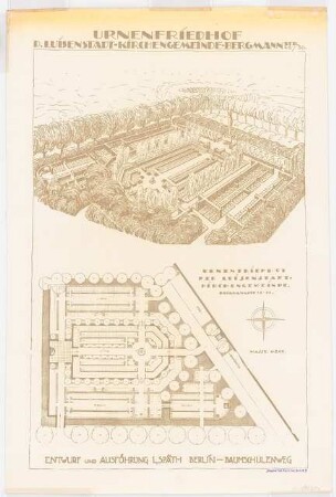 Friedhof Luisenstadt-Kirchengemeinde, Berlin: Perspektivische Ansicht, Lageplan 1:200