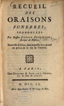 Recueil des Oraisons funebres