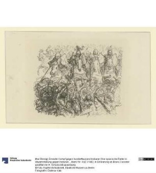 Erneuter Kampf gegen hunderttausend Indianer (Vier spanische Reiter in Abwehrstellung gegen Indianer), Originalentwurf zu: F. Cortez, Die Eroberung Mexikos, übersetzt von Mario Spiro, Verlag Bruno Cassirer, Berlin 1918, mit 112 Federlithographien von Max Slevogt
