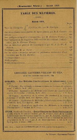 Table des matières. Avril 1888.