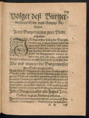 Volget deß Burgermeisters Eyds und Ampts Articulen.