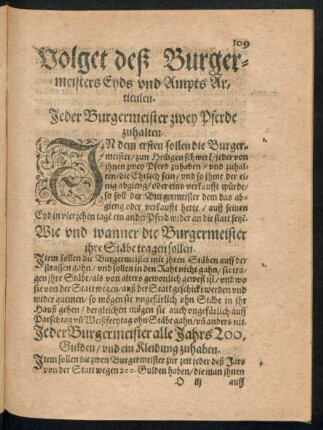 Volget deß Burgermeisters Eyds und Ampts Articulen.