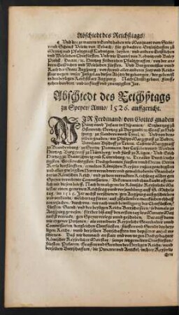 Abschiedt des Reichßtags zu Speyer/ Anno 1526. auffgericht.