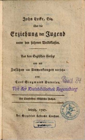 Über die Erziehung der Jugend unter den höheren Volksklassen