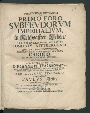 Dissertatione Inavgvrali De Primo Foro Svbfevdorvm Imperialivm