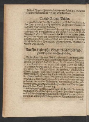 Teutsche Historische/ Geographische/ Politische/ Philosophische und Kunstbücher/