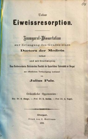 Ueber Eiweissresorption : Dorpat. Inaug. Diss.