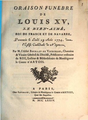 Oraison funebre de Louis XV. Roi de France