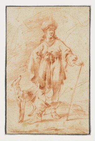 Stehender Mann in orientalischem Gewand, mit Turban und Hund