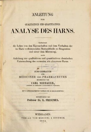 Anleitung zur qualitativen und quantitativen Analyse des Harns