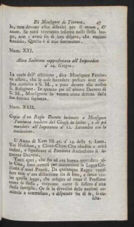Num. XXII. Copia d' un Regio Decreto intimato a Monsignor Patriarca tradotto dal Cinese in latino, e di poi mandato all' Imperatore a' 12. Settembre con la traduzione