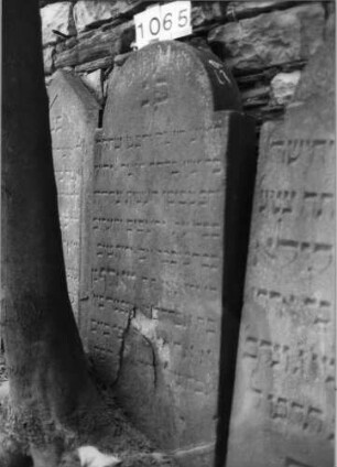 Grabstein 1065 (Index: 99630568) Material: Sandstein Zustand: verwittert, abgeblättert, Textverlust Maße HxBxT: 120x58x12 cm Beschreibung: Stele mit eingezogenem Rundbogenabschluß: Grabstein 1065