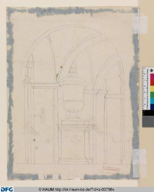Entwurfsskizze für ein Wandgemälde: Innenansicht eines Gewölbes mit Urne auf Postament, mit Graphit