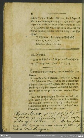 III. Ordnung. Mit bestäubten Flügeln. Staubflügler (Lepidoptera) (Linn. S. N. p. 744)