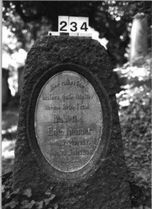 Grabstein 234 (Index: 100085049) Maße HxBxT: 119x65x37 cm Beschreibung: grob stelenhaft behauener Stein, Schriftplatte, oval: Grabstein 234