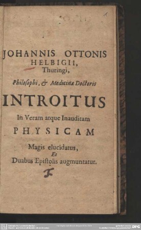 Introitus in veram et inauditam physicam epistola