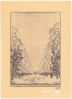 Erweiterungsplanung Volkspark Jungfernheide (Nordostteil), Berlin-Wedding: Perspektivische Ansicht mit Blick auf die Schäferei, Stempel
