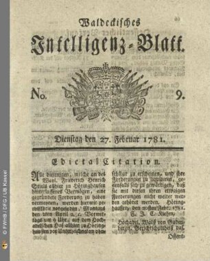 No. 9, Dienstag den 27. Februar 1781