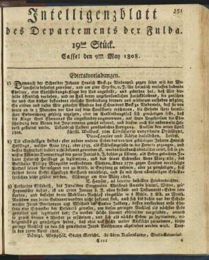 19tes Stück. Cassel den 9ten May 1808