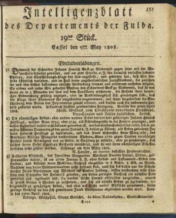 19tes Stück. Cassel den 9ten May 1808