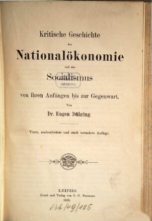 Kritische Geschichte der Nationalökonomie und des Socialismus von ihren Anfängen bis zur Gegenwart