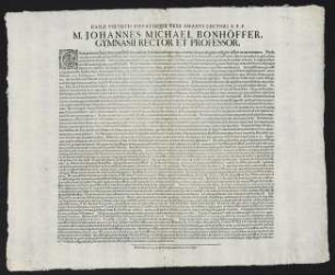 Canae Virtutis Pietatisque Vere Amanti Lectori S. P. P. M. Johannes Michael Bonhöffer, Gymnasii Rector Et Professor