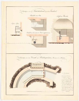Neusalzwerk bei Minden: Ansichte, 3 Schnitte dazu Zeichnung Mühlengerinne (siehe Inv.Nr. 1110)