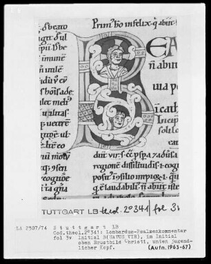 Petrus Lombardus, Psalmenkommentar — Initiale B (eatus vir) mit Christuskopf, Folio 3verso