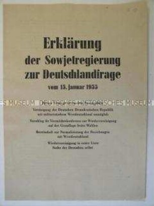 Sowj. Erklärung zur Deutschlandfrage: gegen die Pariser Verträge und die Remilitarisierung Westdeutschlands, für die Wiedervereinigung auf der Grundlage freier Wahlen