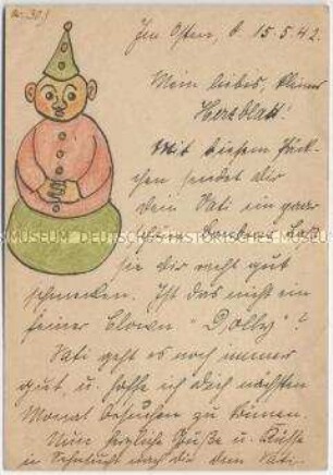 Selbstgezeichnete Feldpostkarte an den Sohn: Stehaufmännchen