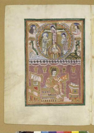 Sogenanntes Kostbares Evangeliar — Kreuzigung und Evangelist Lukas, Folio fol. 118v
