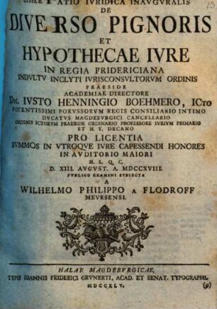 Diss. iur. inaug. de diverso pignoris et hypothecae iure