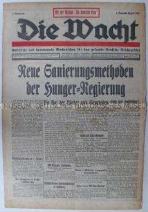 Nationalsozialistische Wochenzeitung "Die Wacht" mit scharfer Polemik gegen das politische System der Weimarer Republik