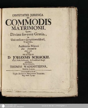Disputatio Juridica De Commodis Matrimonii